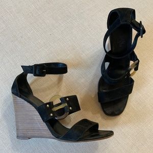 Hermes Suede Wedge Sandal w/ Tortoise Detail - 40